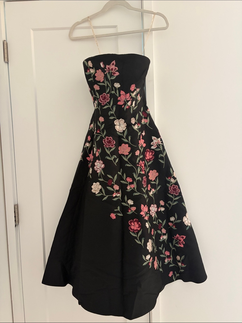 Black Strapless Floral Embroidered Midi Dress